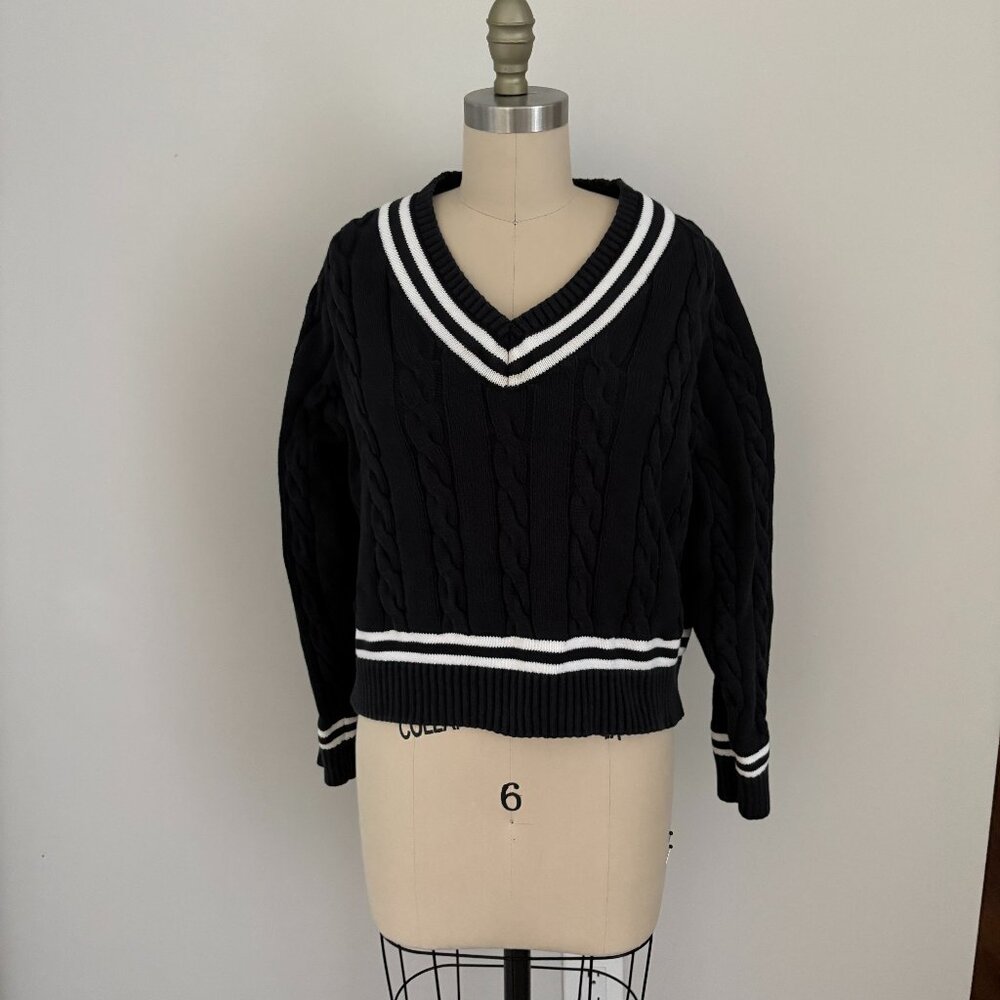 Hope & Henry Long Sleeve V-Neck Cricket Cable Knit Sweater Preppy Cabincore XL